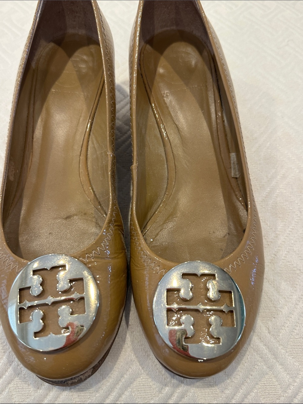 Tory Burch Tan Patent Leather Logo Wedge